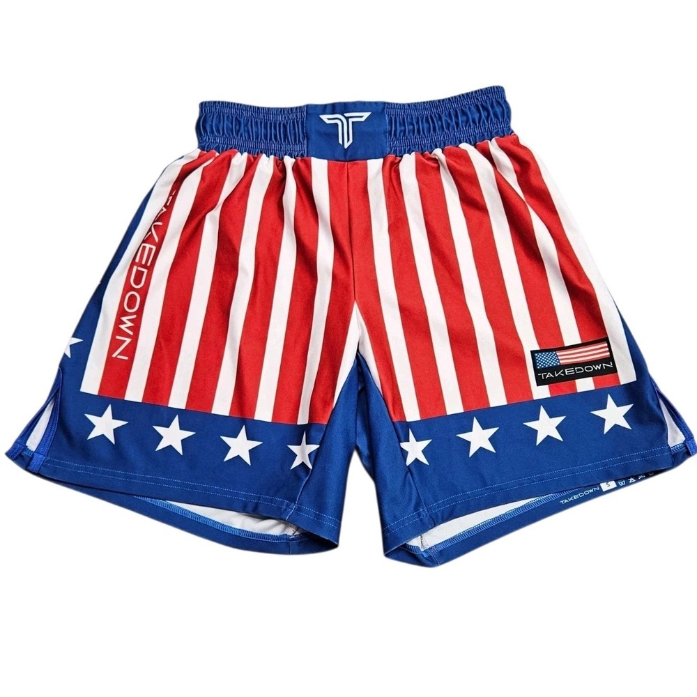 Takedown Mens Sz S 7" Gym Shorts Patriotic USA Flag Star Print MMA Fight